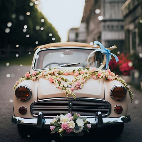 décoration voiture mariage avec des cœurs de fleurs rouges et